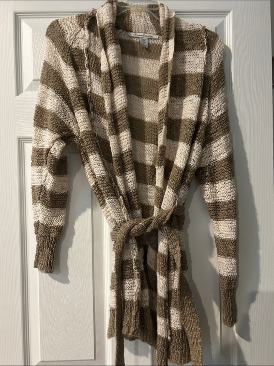 American Rag Sweaters - EUC American Rag Cream and Brown Striped Belted Cardigan